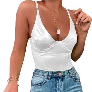White V Neck Silky Bodysiut